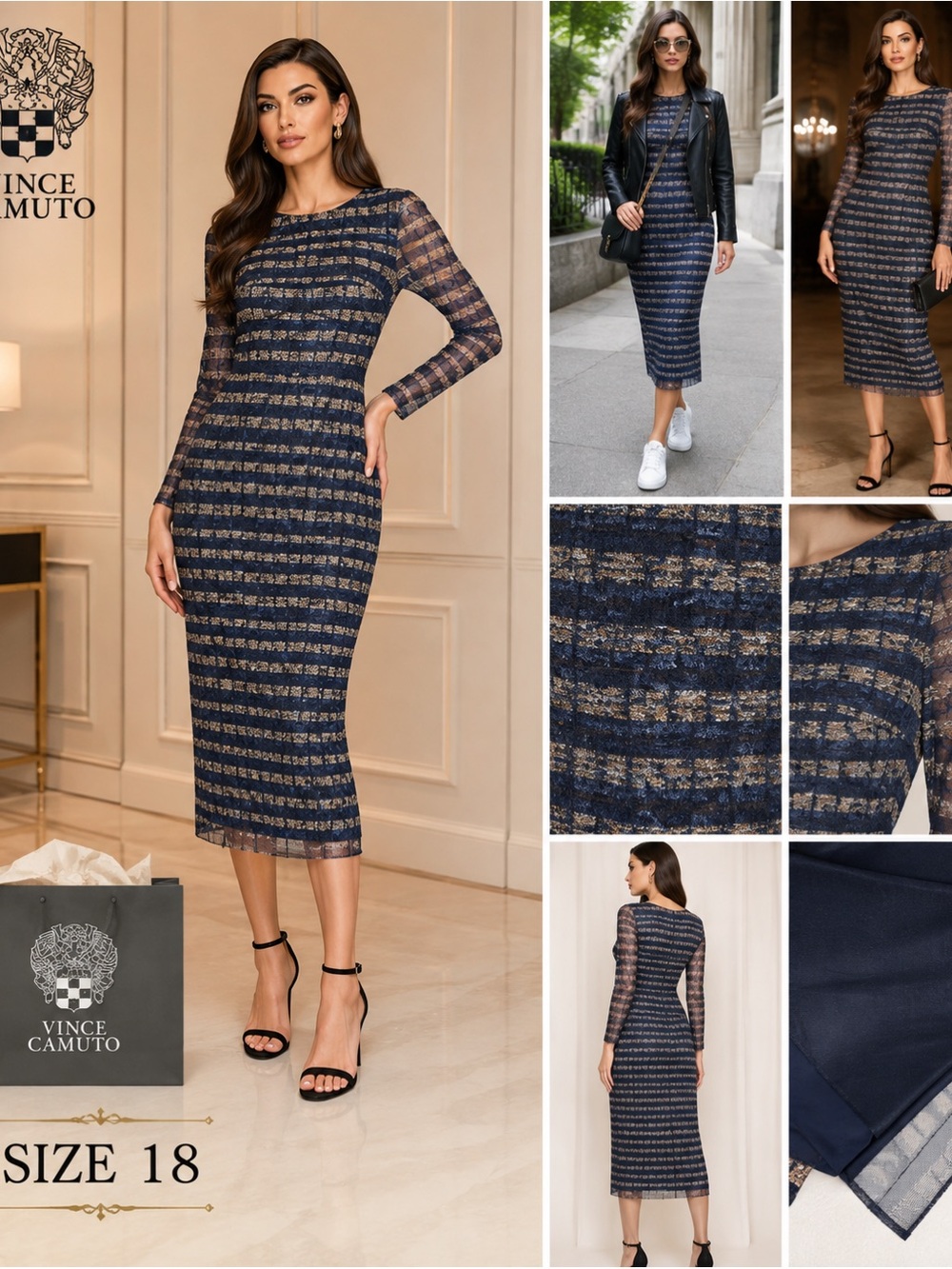 Vince Camuto Navy and Gold Lace-Striped Midi Dress